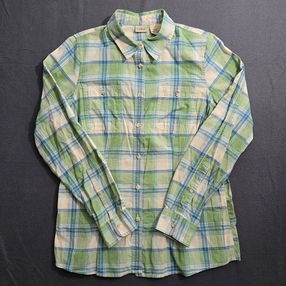 L.L. Bean Shirt Women S Reg Green Plaid Roll Tab Sleeve Button Up Utility